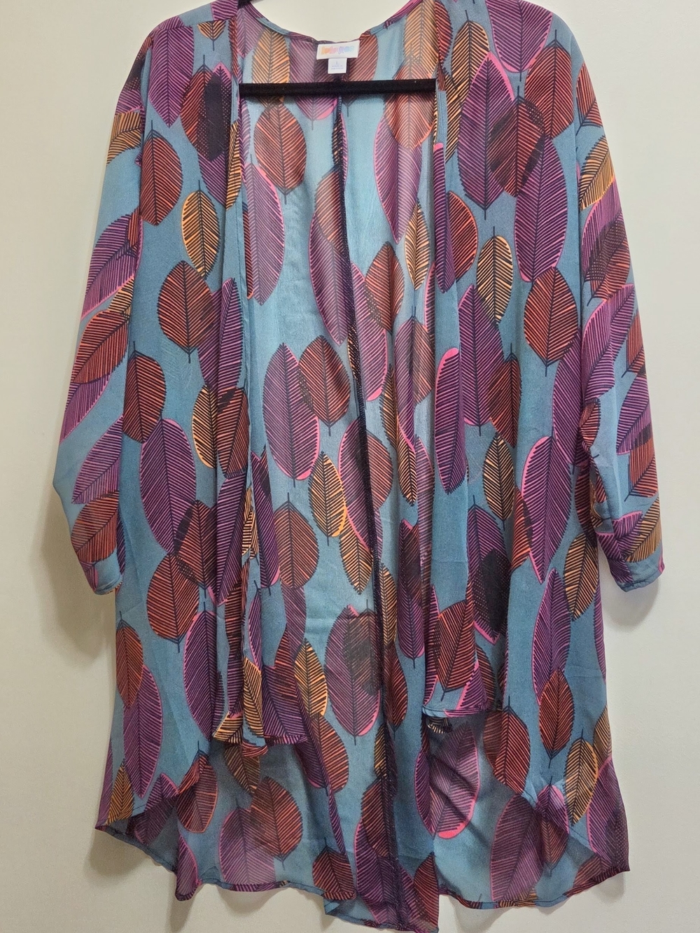LuLaRoe Blue Leaf-Print Open-Front Kimono with Purple and Pink Accents